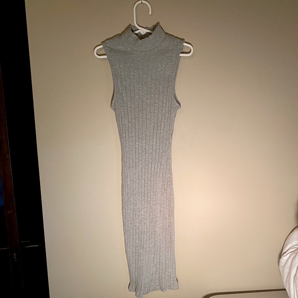 Grey Ribbed tight Midi length bodycon dress